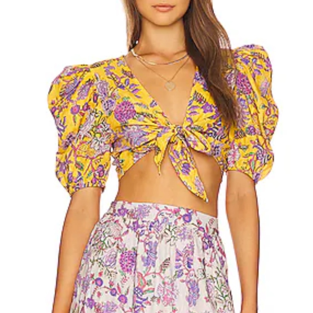 HEMANT & NANDITA Yellow and Purple Puff Sleeve Crop Blouse